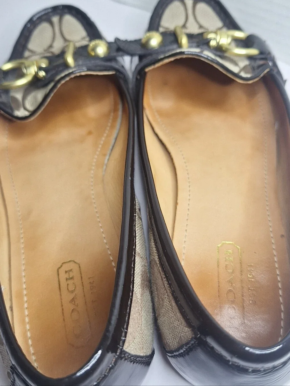 Coach Elkie Loafers Shoes Brown Signature Canvas Patent Leather Size 7 B